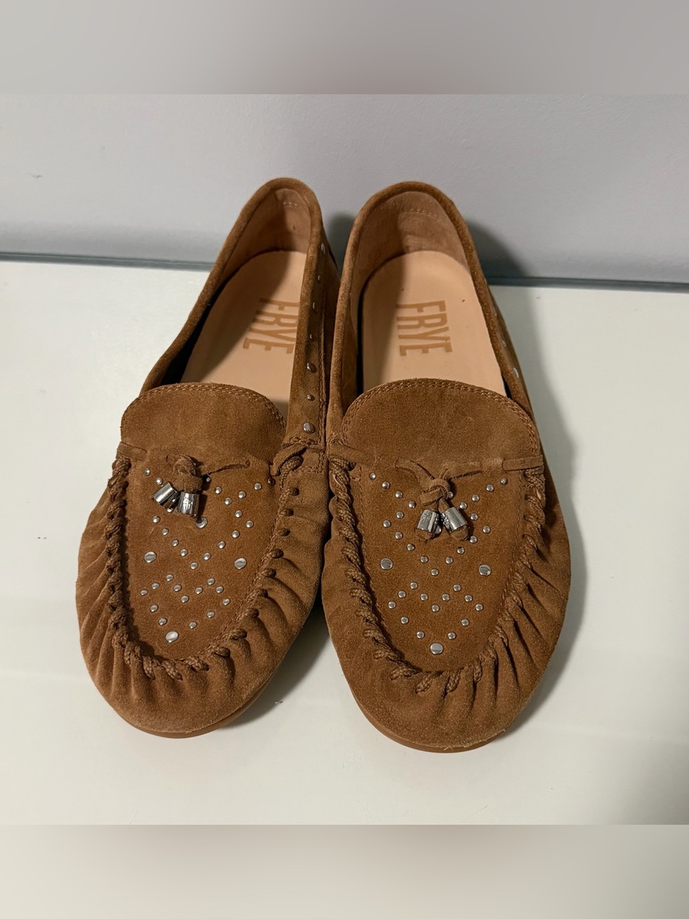 Frye Brown Suede Studded Tassel Moccasins